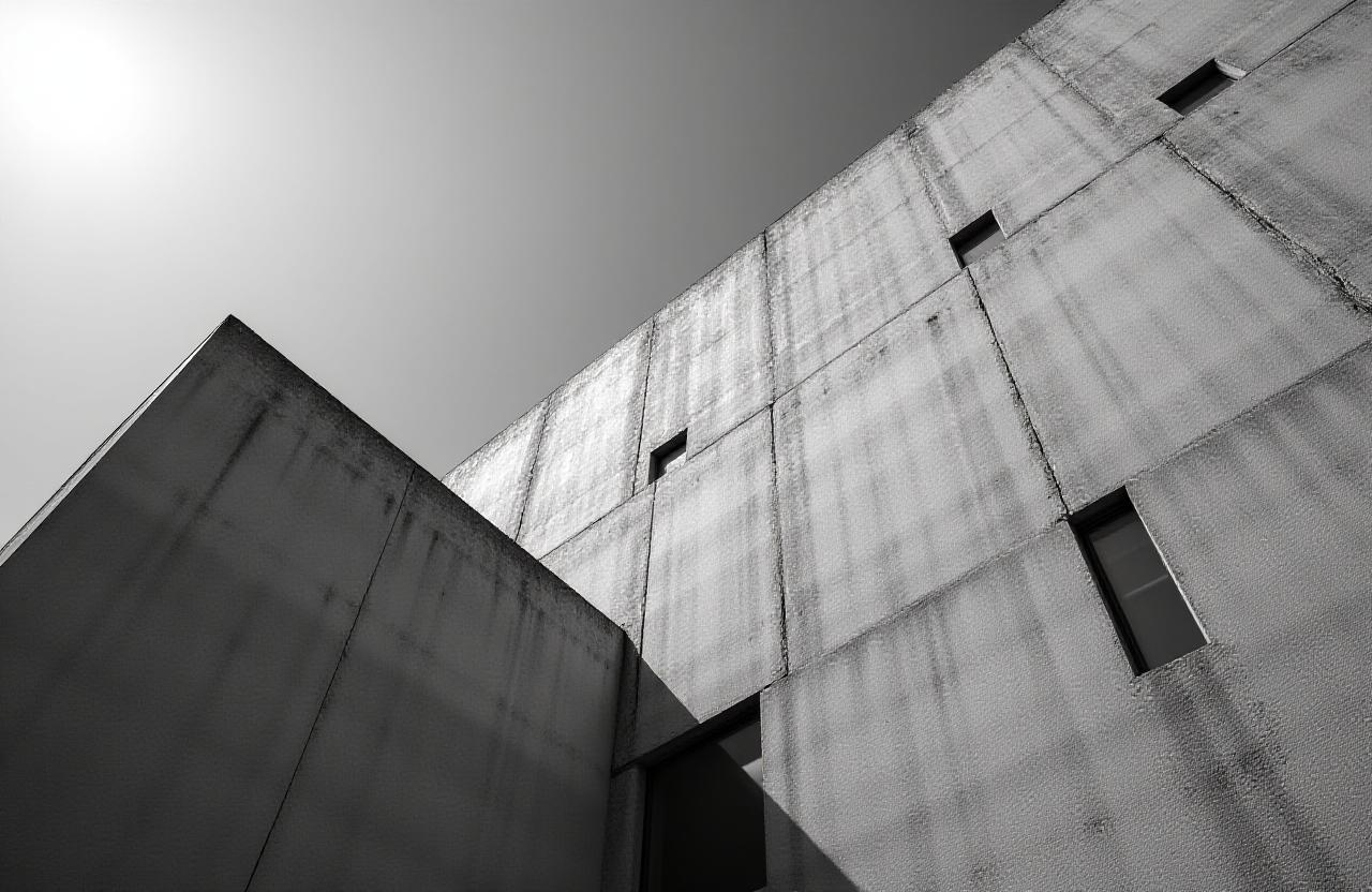 Fachada de edificio brutalista con sombras dramáticas